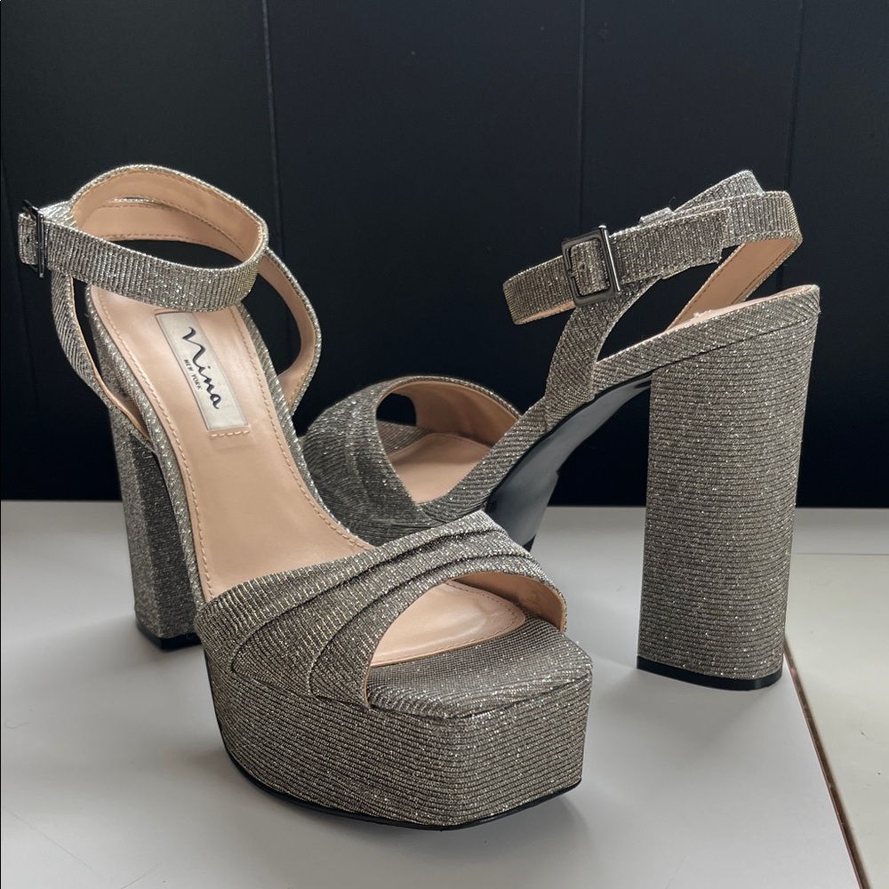 Nina Silver Glitter Platform Block Heel Sandals